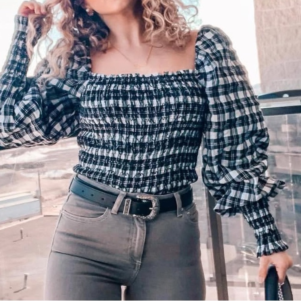 H&M Black and White Checkered Smocked Blouse